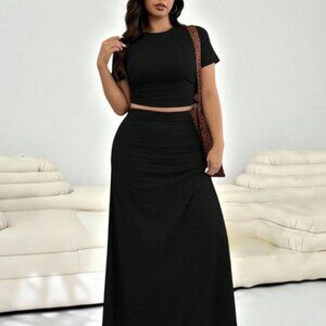 SHEIN Classic Black 2 Piece Set Midi Skirt & Ruched Side Top